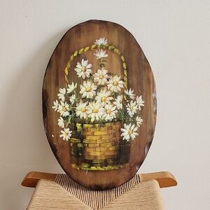 Hand-Painted Wood Floral Wall Art Daiseys In Basket Signed